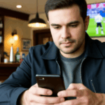 O que é microapostas? A ascensão da aposta rápida e como ela se tornou comum. Um homem sentado em um bar ou restaurante olha para seu smartphone, parecendo concentrado, enquanto uma partida de futebol é exibida na tela de uma TV ao fundo.