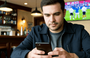 O que é microapostas? A ascensão da aposta rápida e como ela se tornou comum O que é microapostas? A ascensão da aposta rápida e como ela se tornou comum. Um homem sentado em um bar ou restaurante olha para seu smartphone, parecendo concentrado, enquanto uma partida de futebol é exibida na tela de uma TV ao fundo.