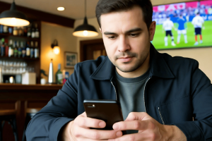 O que é microapostas? A ascensão da aposta rápida e O que é microapostas? A ascensão da aposta rápida e como ela se tornou comum. Um homem sentado em um bar ou restaurante olha para seu smartphone, parecendo concentrado, enquanto uma partida de futebol é exibida na tela de uma TV ao fundo.