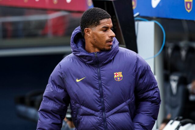 Marcus Rashford do FC Barcelona em ação durante a liga espanhola, La Liga EA Sports, partida de futebol disputada entre o FC Barcelona e o Deportivo Alavés no estádio Spotify Camp Nou em 29 de novembro de 2025