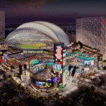 Renderização da imagem da Bally's Corp em Las Vegas, edifícios ao redor da placa da Bally e do estádio no meio.