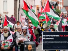 O site supostamente oferece recompensas de US$ 100 mil pelas cabeças de centenas de acadêmicos israelenses em todo o mundo – incluindo os EUA: ‘Profundamente perturbado’ Manifestantes pró-Palestina marcham pelas ruas de Birmingham, segurando bandeiras e cartazes palestinos.