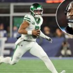 Justin Fields #7 do New York Jets corre a bola durante o primeiro quarto.