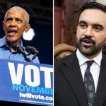 O ex-presidente Barack Obama discursando em um comício em Newark, NJ, com um pódio onde se lê