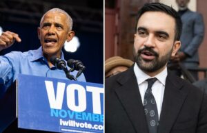 Obama está do outro lado do rio, mas ainda só conversa com Mamdani por telefone – e recusa o endosso O ex-presidente Barack Obama discursando em um comício em Newark, NJ, com um pódio onde se lê