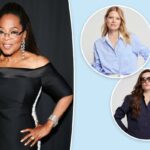 Uma mulher vestindo uma camisa listrada de azul e branco e calças de cores claras.