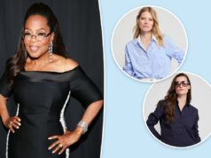 Oprah confia nesta camisa ‘genial’ que ‘nunca fica boquiaberta’ – e está à venda Uma mulher vestindo uma camisa listrada de azul e branco e calças de cores claras.