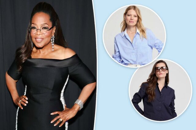 Oprah confia nesta camisa 'genial' que 'nunca fica boquiaberta' - Uma mulher vestindo uma camisa listrada de azul e branco e calças de cores claras.