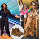 Colagem de uma pessoa usando botas marrons bufantes na neve e um close das botas.