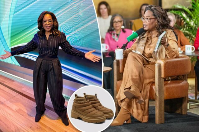 Oprah diz que essas botas conversíveis ‘inteligentes’ são ‘como andar Colagem de uma pessoa usando botas marrons bufantes na neve e um close das botas.