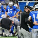 Brown # 14 do Detroit Lions em campo com uma lesão durante o primeiro quarto contra o Green Bay Packers no Ford Field em 27 de novembro de 2025 em Detroit, Michigan.