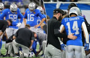 Os Leões podem ficar sem Amon-Ra St. Brown à medida que o ‘buraco’ se aprofunda Brown # 14 do Detroit Lions em campo com uma lesão durante o primeiro quarto contra o Green Bay Packers no Ford Field em 27 de novembro de 2025 em Detroit, Michigan.