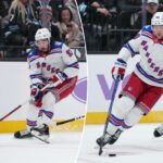 Mika Zibanejad, do New York Rangers, patinando com o disco enquanto Logan Cooley, do Utah Mammoth, defende.