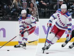 Os Rangers ‘não têm tempo a perder’ resolvendo o ataque enquanto olham para o porão da Conferência Leste Mika Zibanejad, do New York Rangers, patinando com o disco enquanto Logan Cooley, do Utah Mammoth, defende.