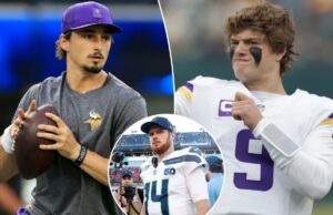 Os Vikings devem recorrer ao QB Max Brosmer não draftado com preocupação de concussão de JJ McCarthy logotipo de fantasia azarão