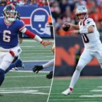 O quarterback do New England Patriots, Drake Maye, tenta passar durante um jogo contra o Cincinnati Bengals.