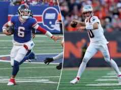 Os gigantes só podem esperar que Jaxson Dart siga o plano de Drake Maye O quarterback do New England Patriots, Drake Maye, tenta passar durante um jogo contra o Cincinnati Bengals.