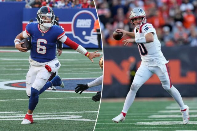 Os gigantes só podem esperar que Jaxson Dart siga o O quarterback do New England Patriots, Drake Maye, tenta passar durante um jogo contra o Cincinnati Bengals.