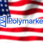 Polymarket abre 'teste beta' para reentrar nos EUA, pois tem como alvo as apostas esportivas. Logotipo da Polymarket no topo da bandeira dos EUA