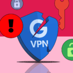 Ilustração do escudo VPN do Google cercado por ícones de aviso, cadeados quebrados e símbolos de segurança.