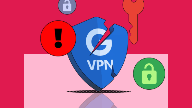 Ilustração do escudo VPN do Google cercado por ícones de aviso, cadeados quebrados e símbolos de segurança.