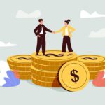 acquisition, startups, valuation. illustration shows two people standing on a stack of coins.