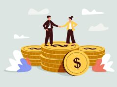 Por que os investidores que “mantêm para sempre” estão abocanhando “zumbis” de capital de risco acquisition, startups, valuation. illustration shows two people standing on a stack of coins.