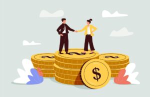 Por que os investidores que “mantêm para sempre” estão abocanhando “zumbis” de capital de risco acquisition, startups, valuation. illustration shows two people standing on a stack of coins.