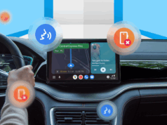 Por que parei de tocar no meu telefone depois de descobrir este atalho do Android Auto Uma tela do painel do carro exibindo o logotipo do Android Auto, cercado por ícones flutuantes do Google Maps, não perturbe, mensagens e ferramentas de automação.