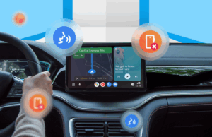 Por que parei de tocar no meu telefone depois de descobrir este atalho do Android Auto Uma tela do painel do carro exibindo o logotipo do Android Auto, cercado por ícones flutuantes do Google Maps, não perturbe, mensagens e ferramentas de automação.