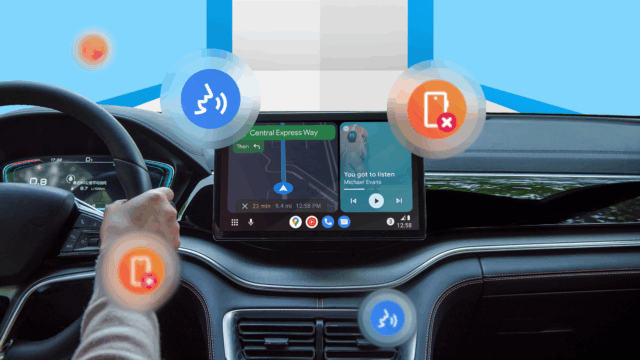 Uma tela do painel do carro exibindo o logotipo do Android Auto, cercado por ícones flutuantes do Google Maps, não perturbe, mensagens e ferramentas de automação.