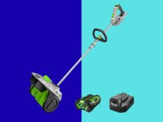 Prepare-se para o inverno: 25% de desconto no EGO Power + pá elétrica para neve Uma pá de neve com baterias ao lado.