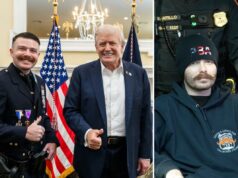 Presidente Trump encontra ‘herói’ policial de Long Island gravemente ferido em perseguição de carro em janeiro Donald Trump e o oficial do SCPD Brendan Gallagher fazendo sinal de positivo.