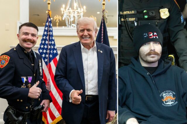 Presidente Trump encontra 'herói' policial de Long Island gravemente ferido Donald Trump e o oficial do SCPD Brendan Gallagher fazendo sinal de positivo.