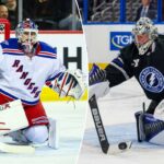 O goleiro do Tampa Bay Lightning, Andrei Vasilevskiy, protegendo a rede durante um jogo.