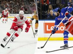 Previsão Rangers x Red Wings: probabilidades, escolhas e melhor aposta da NHL na sexta-feira O pivô do Detroit Red Wings, Dylan Larkin (71), patina com o disco contra o pivô do Vegas Golden Knights, Brett Howden (21), durante um jogo de hóquei.