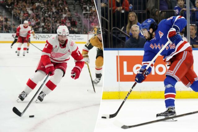 Previsão Rangers x Red Wings: probabilidades, escolhas e melhor aposta O pivô do Detroit Red Wings, Dylan Larkin (71), patina com o disco contra o pivô do Vegas Golden Knights, Brett Howden (21), durante um jogo de hóquei.