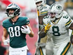 Previsão de Eagles x Packers: escolhas, probabilidades e adereços do ‘Monday Night Football’ da Semana 10 da NFL O tight end do Philadelphia Eagles, Dallas Goedert (88), comemorando com o quarterback Jalen Hurts (1) após marcar um touchdown.