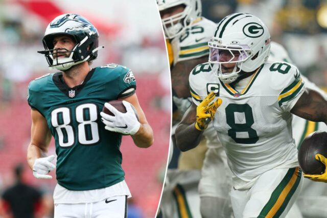 O tight end do Philadelphia Eagles, Dallas Goedert (88), comemorando com o quarterback Jalen Hurts (1) após marcar um touchdown.