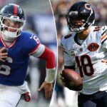 Russell Wilson nº 3 do New York Giants e Jaxson Dart nº 6 do New York Giants na linha lateral.