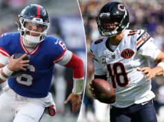 Previsão de Giants vs. Bears: escolhas, probabilidades e melhores apostas da Semana 10 da NFL Russell Wilson nº 3 do New York Giants e Jaxson Dart nº 6 do New York Giants na linha lateral.