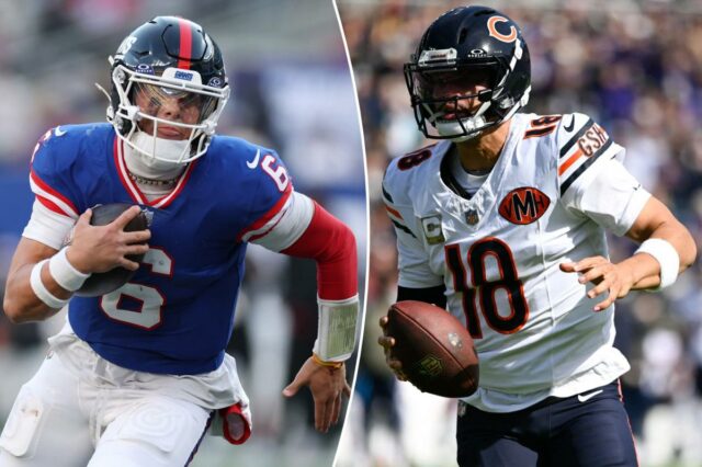 Previsão de Giants vs. Bears: escolhas, probabilidades e melhores apostas Russell Wilson nº 3 do New York Giants e Jaxson Dart nº 6 do New York Giants na linha lateral.