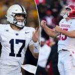 O quarterback da Penn State, Ethan Grunkemeyer, lançando um passe durante um jogo de futebol americano universitário da NCAA contra Iowa.