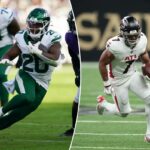 O running back do Atlanta Falcons, Bijan Robinson (7), carrega a bola.