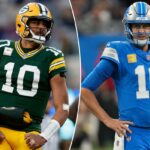 O lado defensivo do Green Bay Packers, Micah Parsons (1), demite o quarterback do Detroit Lions, Jared Goff (16), durante o quarto período no Lambeau Field.
