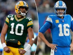 Previsão de Packers x Lions: Dia de Ação de Graças, probabilidades, escolha, melhores apostas O lado defensivo do Green Bay Packers, Micah Parsons (1), demite o quarterback do Detroit Lions, Jared Goff (16), durante o quarto período no Lambeau Field.