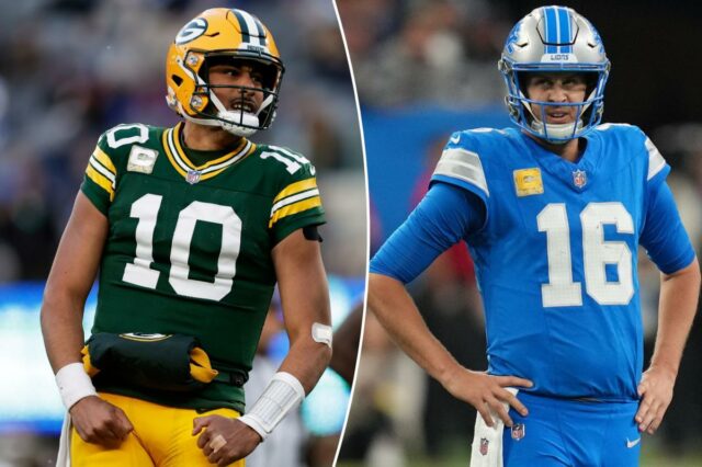 O lado defensivo do Green Bay Packers, Micah Parsons (1), demite o quarterback do Detroit Lions, Jared Goff (16), durante o quarto período no Lambeau Field.