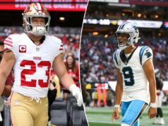 Previsão de Panthers vs. 49ers: escolhas, probabilidades e adereços do ‘Monday Night Football’ da Semana 12 da NFL O quarterback do Carolina Panthers, Bryce Young, reagindo a um touchdown contra o Atlanta Falcons.