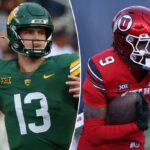 O quarterback do Baylor Bears, Sawyer Robertson #13, se prepara para lançar um passe.