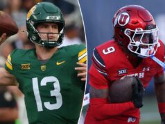 Previsão de Utah x Baylor: probabilidades, escolhas e melhor aposta para a batalha dos 12 grandes O quarterback do Baylor Bears, Sawyer Robertson #13, se prepara para lançar um passe.